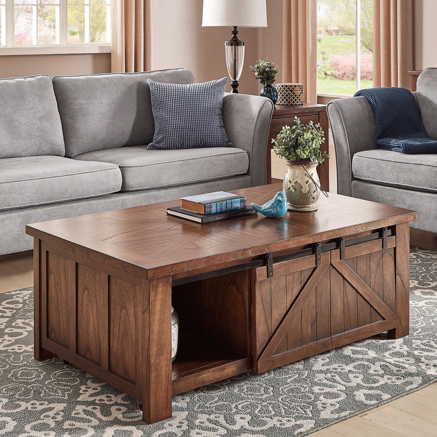 Barn Door Coffee Table with Storage - Brown Cherry Finish