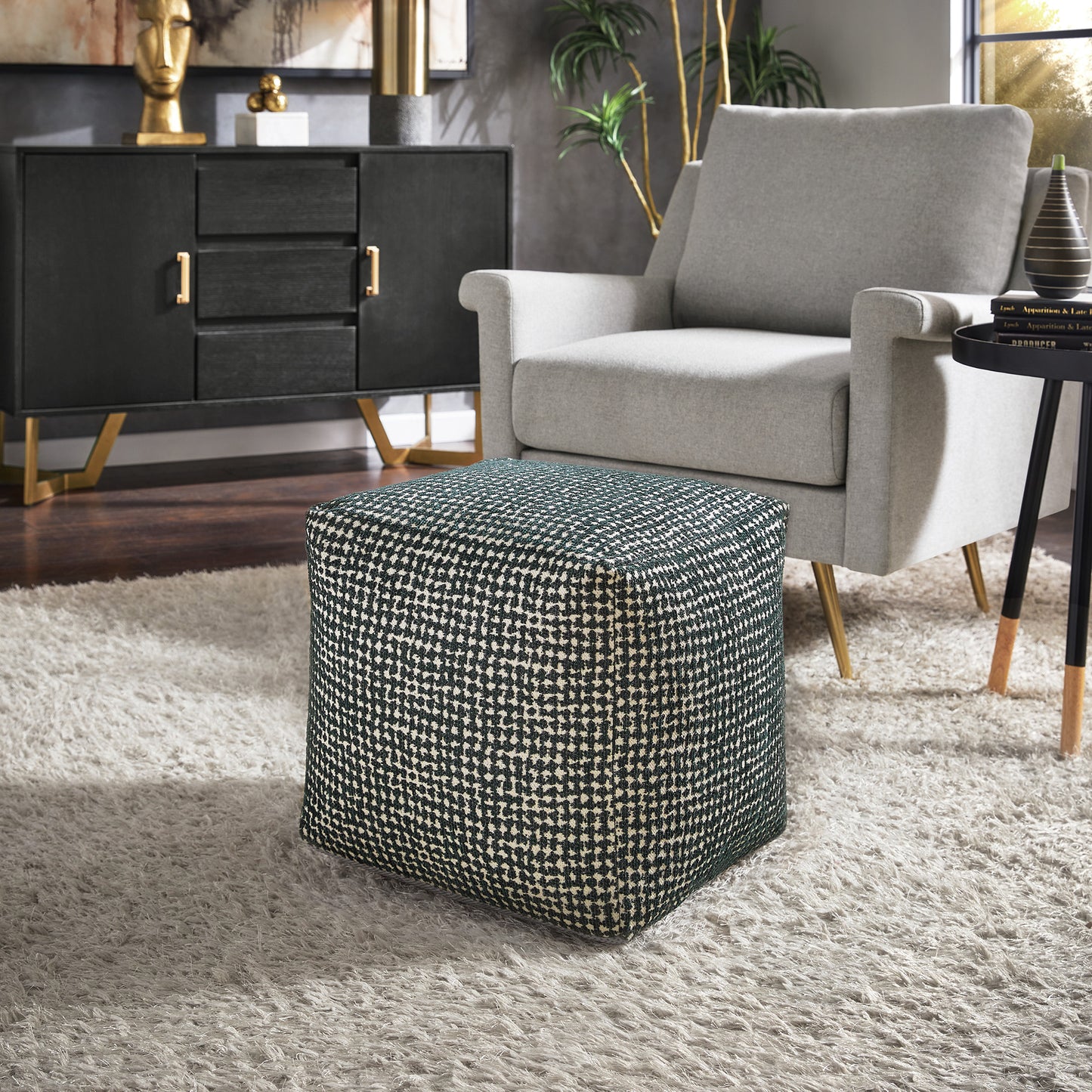 Upholstered Square Pouf Ottoman - Dark Green & White Dot Pattern Fabric