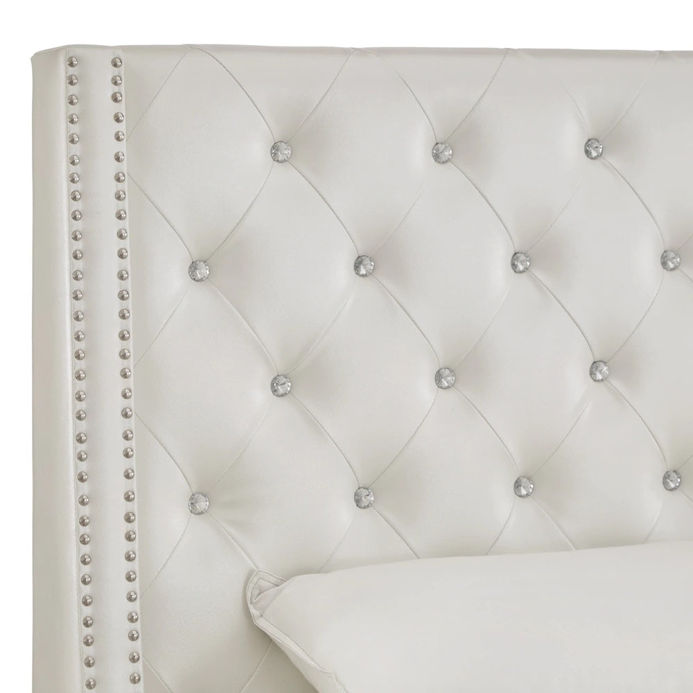 Faux Leather Crystal Tufted Bed - Ivory Faux Leather, Queen