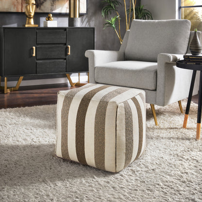 Upholstered Square Pouf Ottoman - Brown Tone Stripe Pattern Fabric