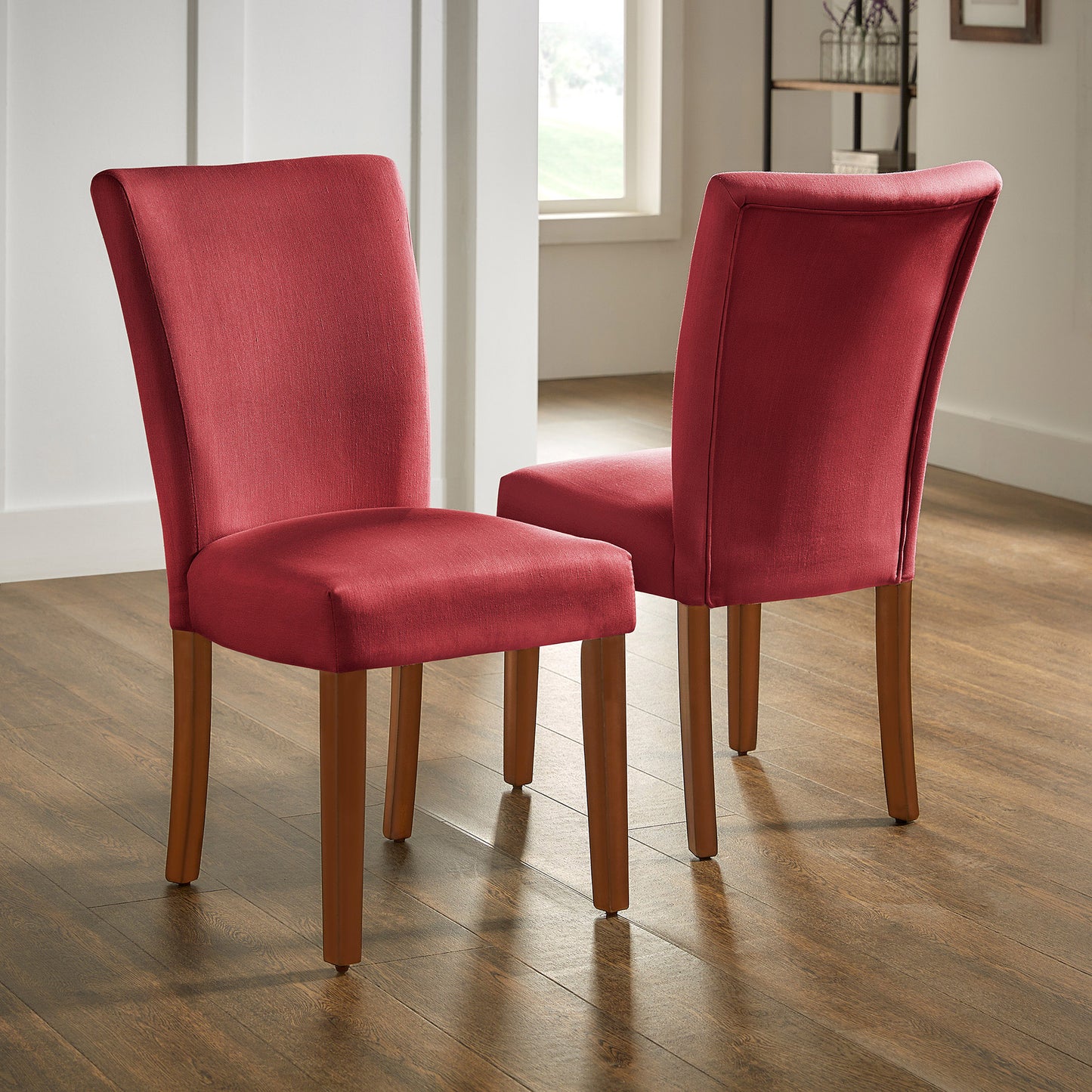 Upholstered Parsons Dining Chairs (Set of 2) - Cherry Finish, Red Microfiber