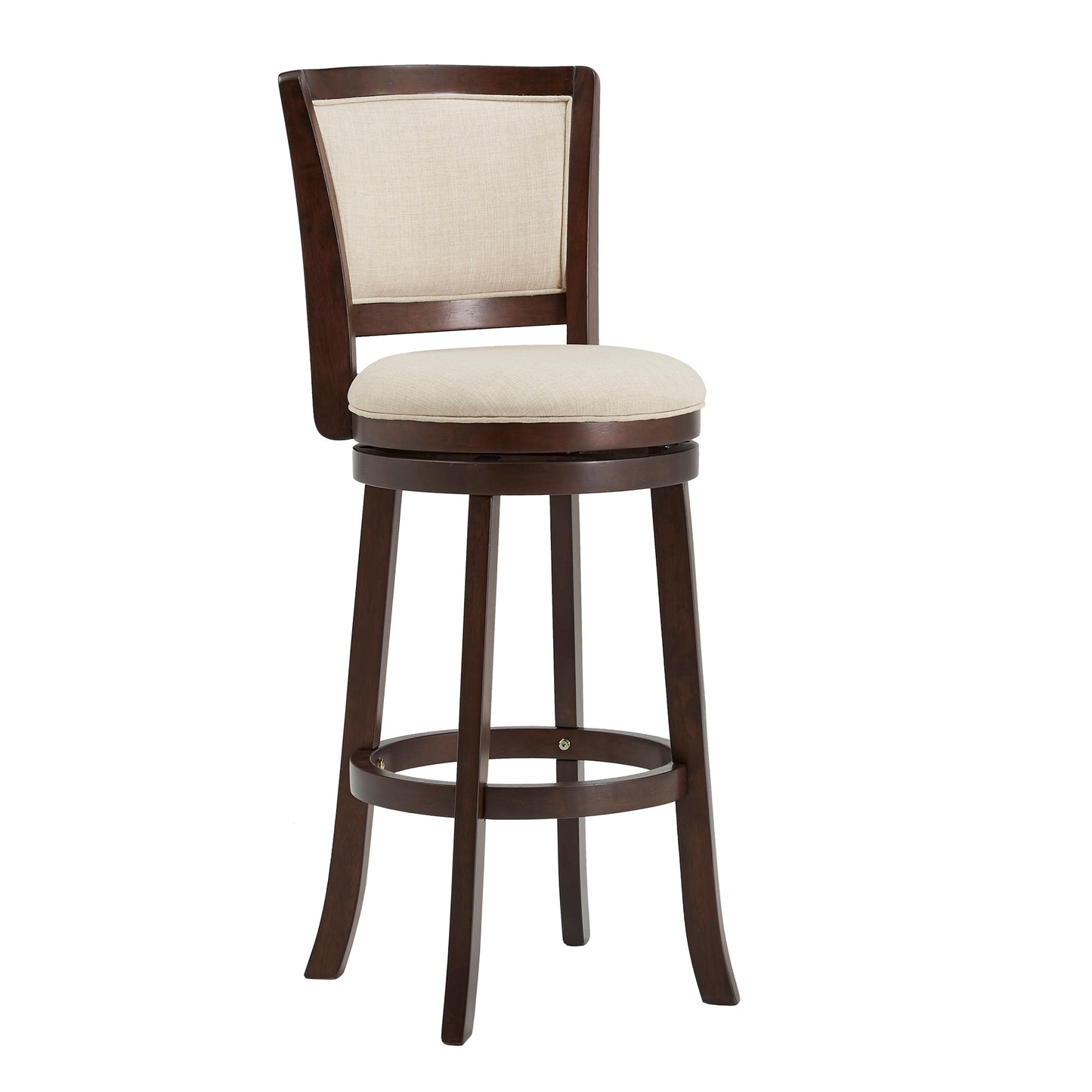 Upholstered Back Swivel Stool - 29" Bar Height, Dark Cherry Finish, Beige Linen