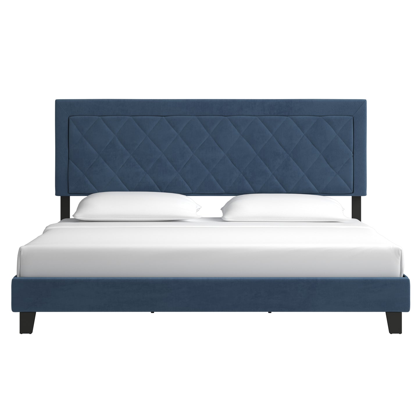 Black Finish Frame with Velvet Fabric Platform Bed - Dark Blue, King (King Size)