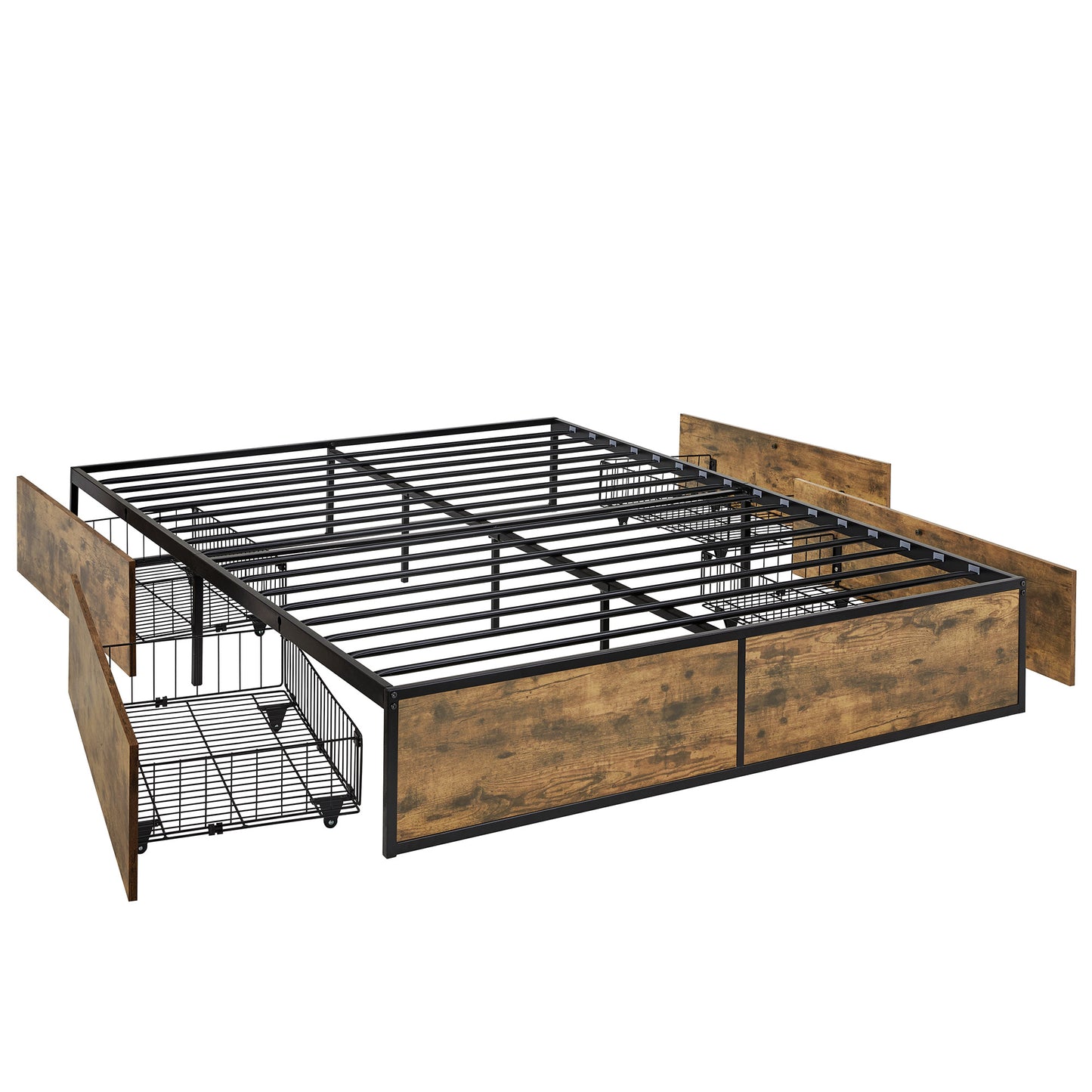 Wood Finish Panel Black Metal Platform Bed with Storage Drawers - Full Size with 4 Wire Storage Drawers (Full Size)