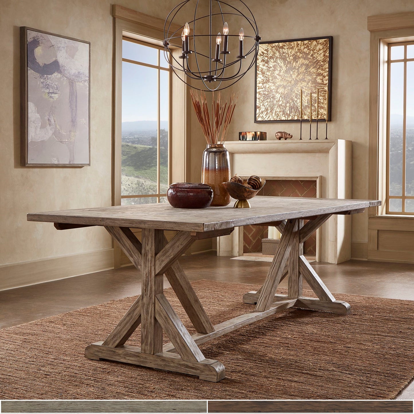 Rustic Reclaimed Wood Rectangular Trestle Base Table - Antiqua Gray Oak Finish