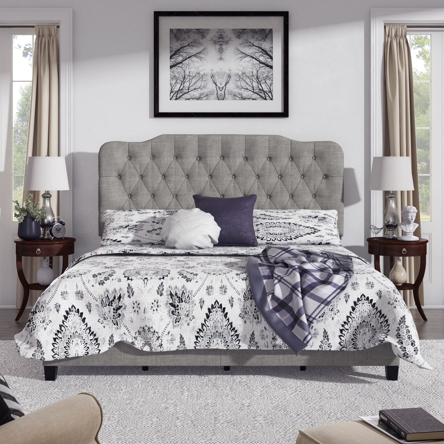 Adjustable Diamond Tufted Camelback Bed - Gray, King