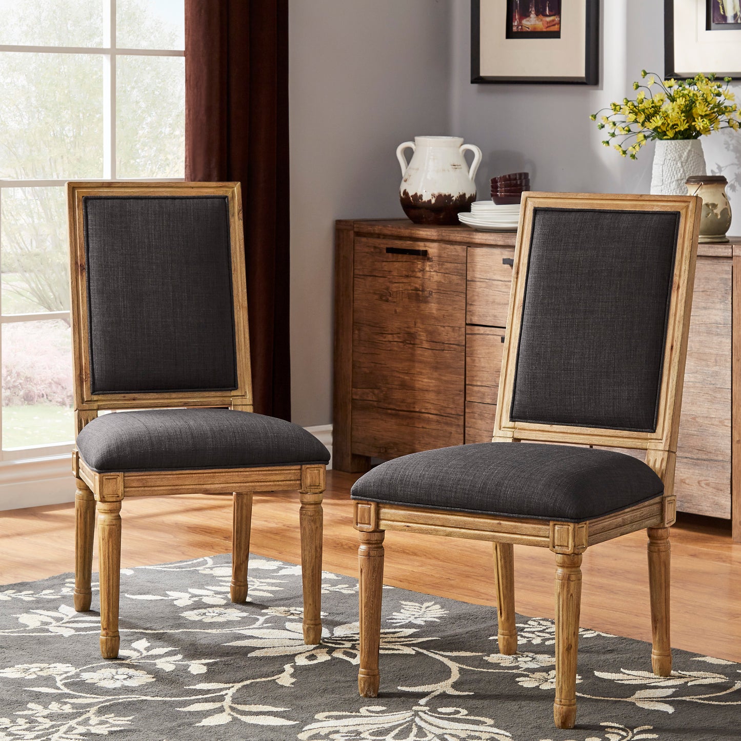 Rectangular Linen and Wood Dining Chairs (Set of 2) - Dark Gray Linen, Natural Finish