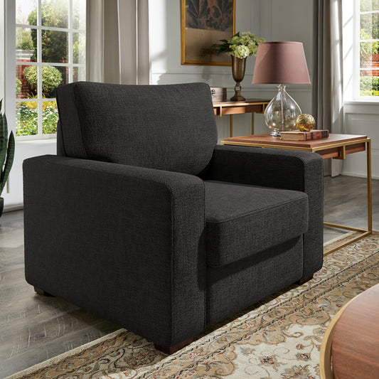 Modern Fabric Upholstered Square Arm Sofa - Living Room Chair, Black Woven Fabric