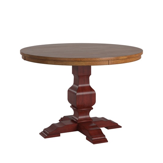 Two-Tone Round Solid Wood Top Dining Table - Oak Top with Antique Berry Red Base