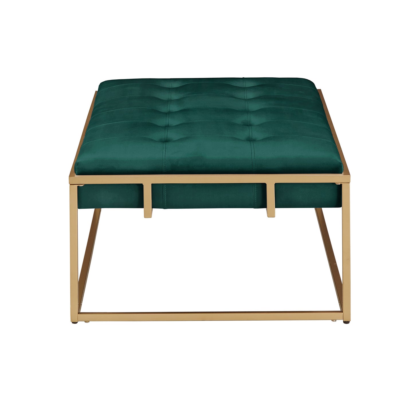 Gold Finish Velvet Button Tufted Rectangular Ottoman - Dark Green, Rectangular