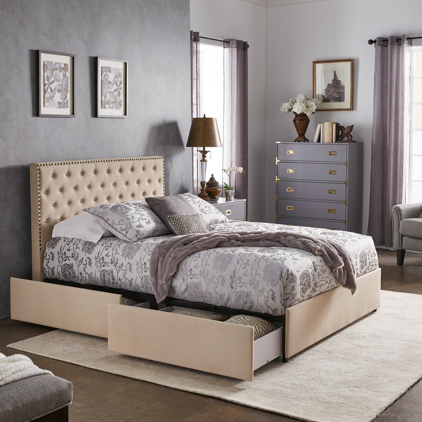 Nailhead Linen Headboard Storage Platform Bed - Beige Linen, Full (Full Size)