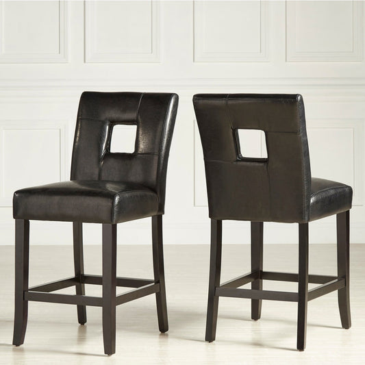 Keyhole Counter Height High Back Stools (Set of 2) - Black Faux Leather