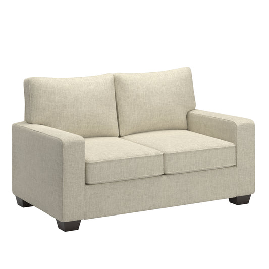 Modern Fabric Upholstered Square Arm Sofa - Loveseat, Beige Woven Fabric