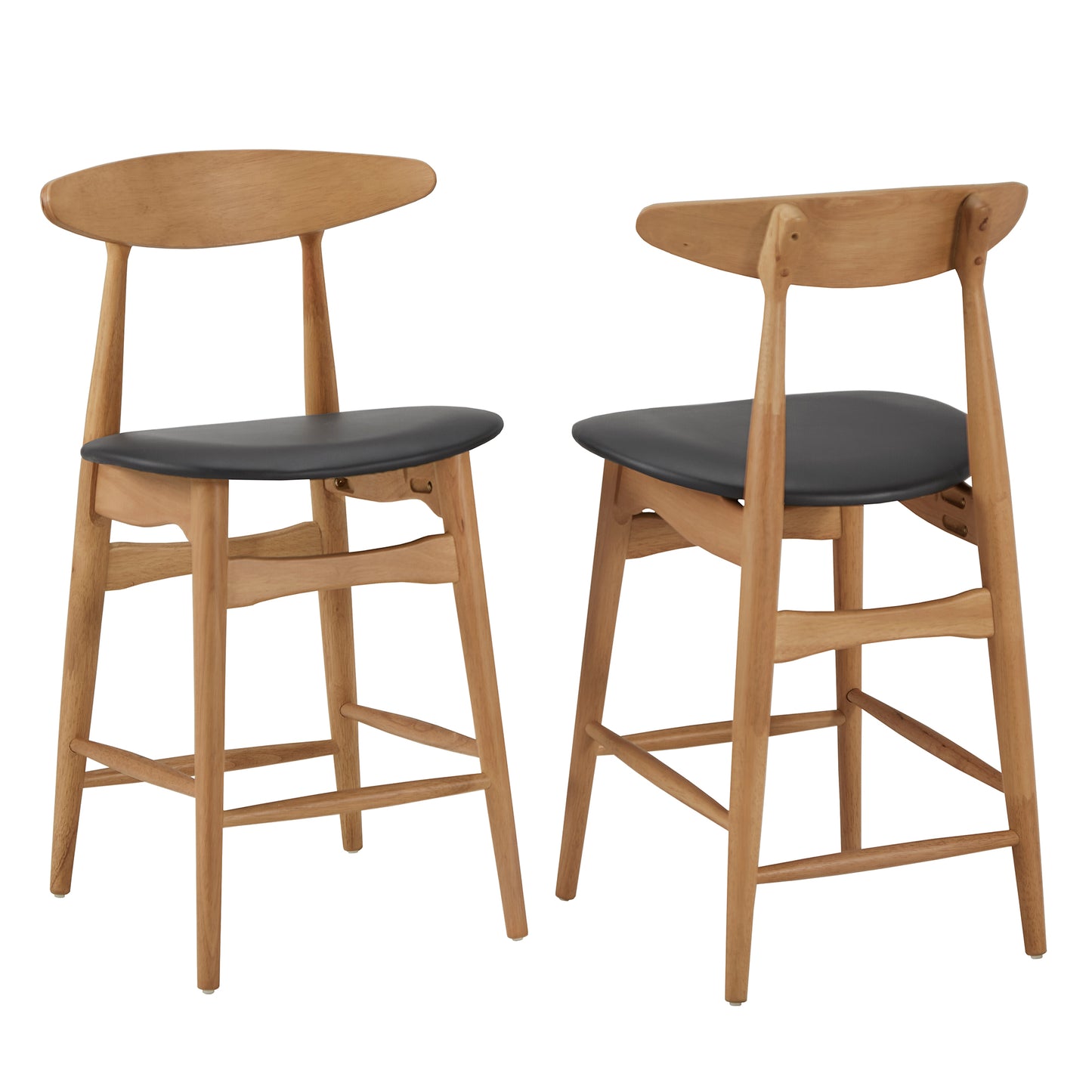 Mid-Century Wood Counter Height Stools (Set of 2) - Natural Finish, Black Faux Leather