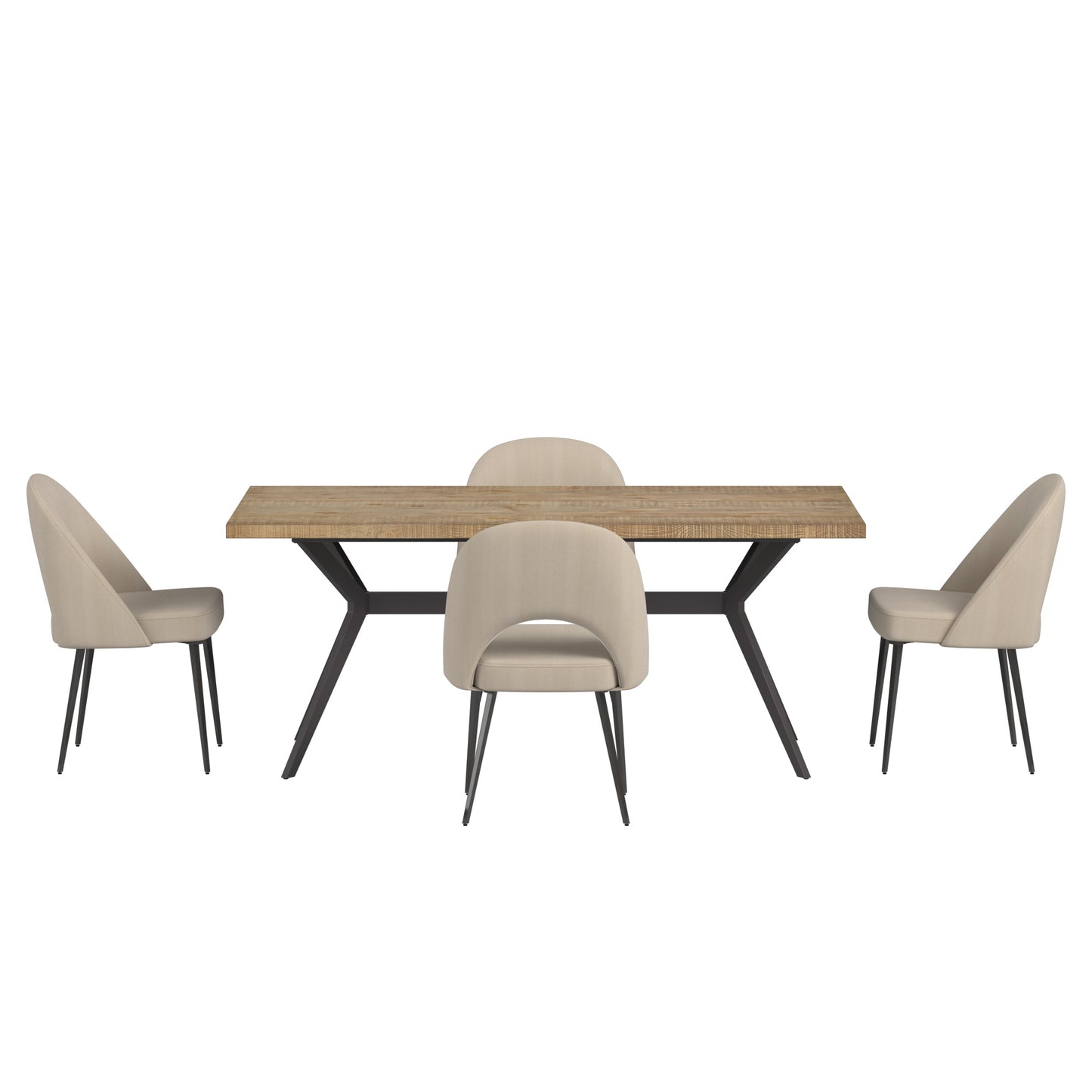 70" Iron Gray Metal Base Dining Table with Upholstered Chairs Set - Light Pine Wood Finish Tabletop, 4 Beige Herringbone Fabric Chairs