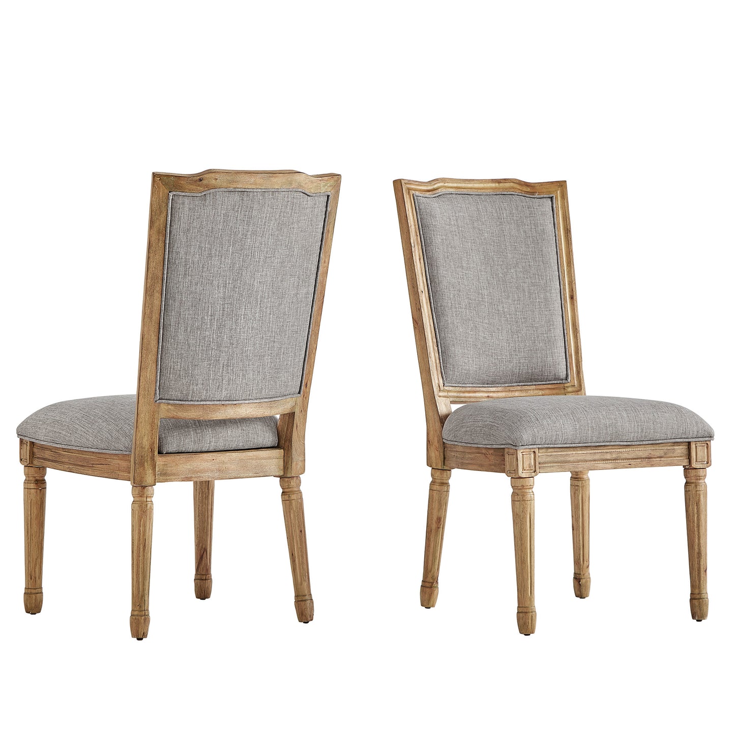 Ornate Linen and Wood Dining Chairs (Set of 2) - Gray Linen, Natural Finish