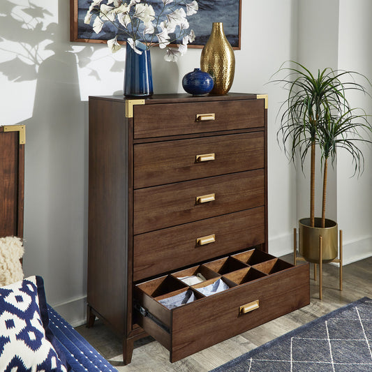 36" Wide 5 - Drawer Campaign Chest - Walnut Finish, Gold Accent