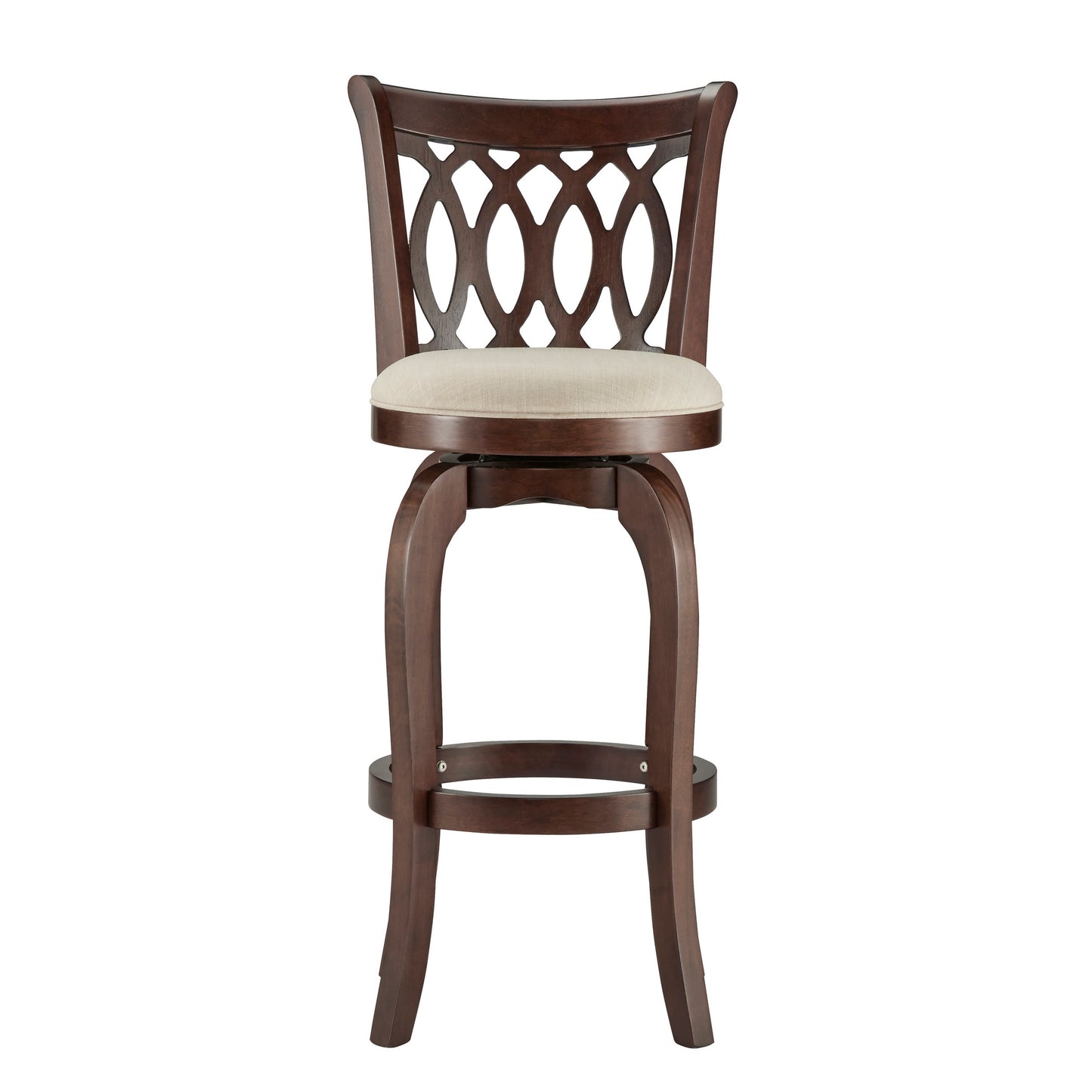 Scroll Back Swivel Stool - 29" Bar Height, Cherry Finish, Beige Linen