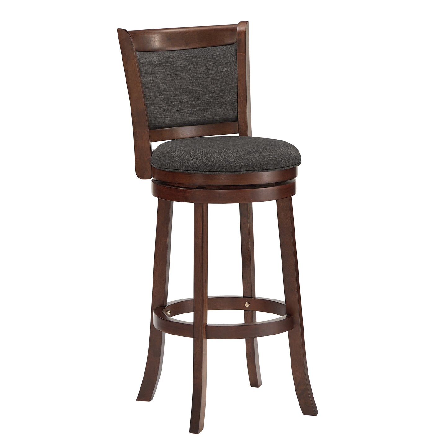 Upholstered Back Swivel Stool - 29" Bar Height, Cherry Finish, Dark Gray Linen