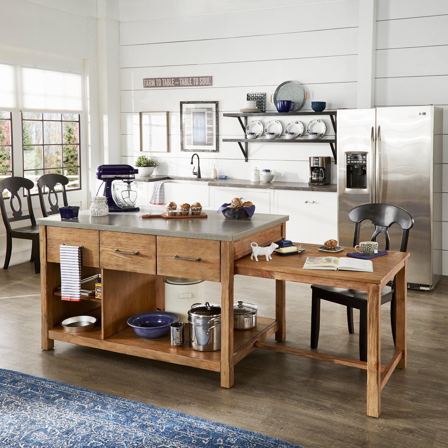 Reclaimed Look Extendable Kitchen Island - Natural Finish, Concrete Veneer Top