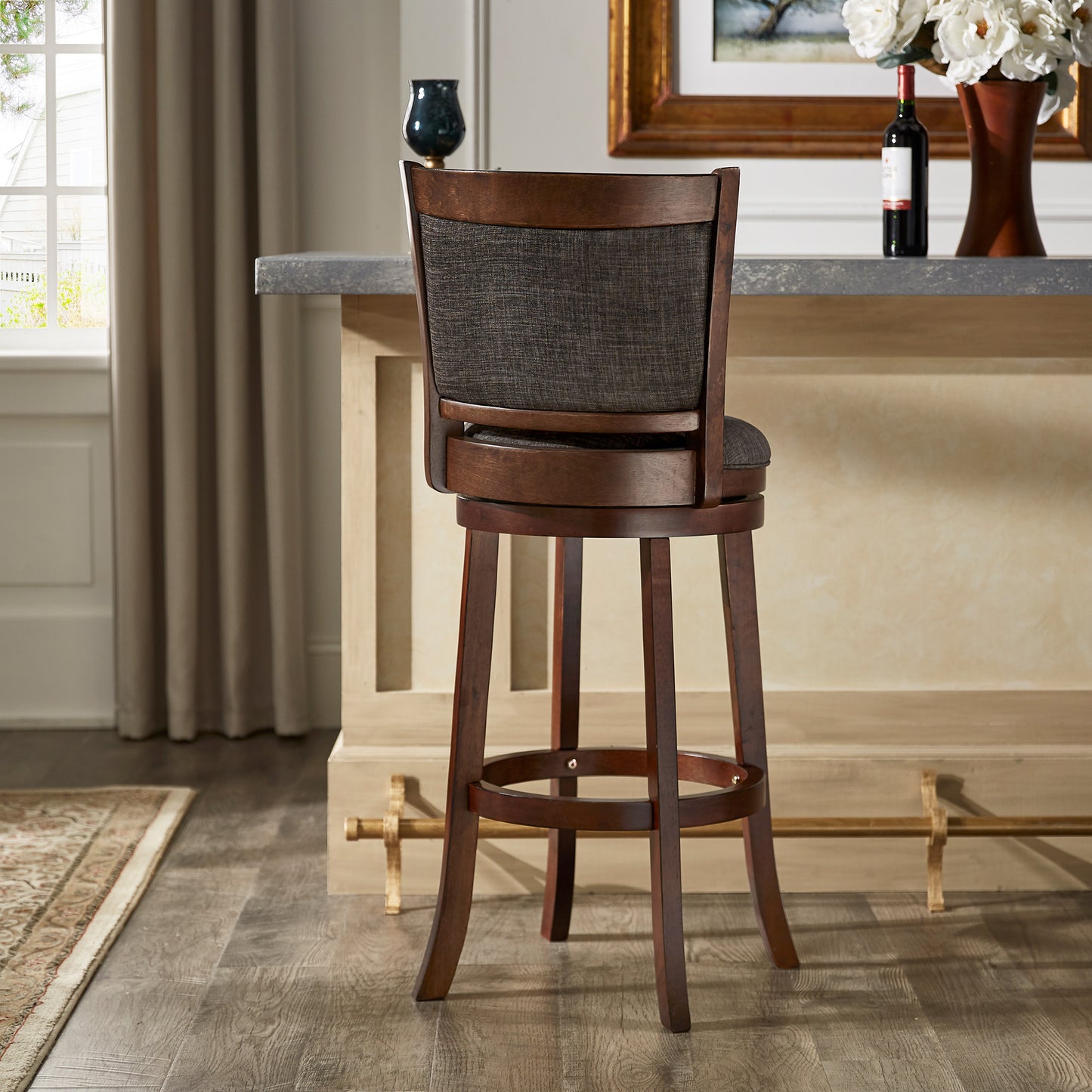 Upholstered Back Swivel Stool - 29" Bar Height, Cherry Finish, Dark Gray Linen