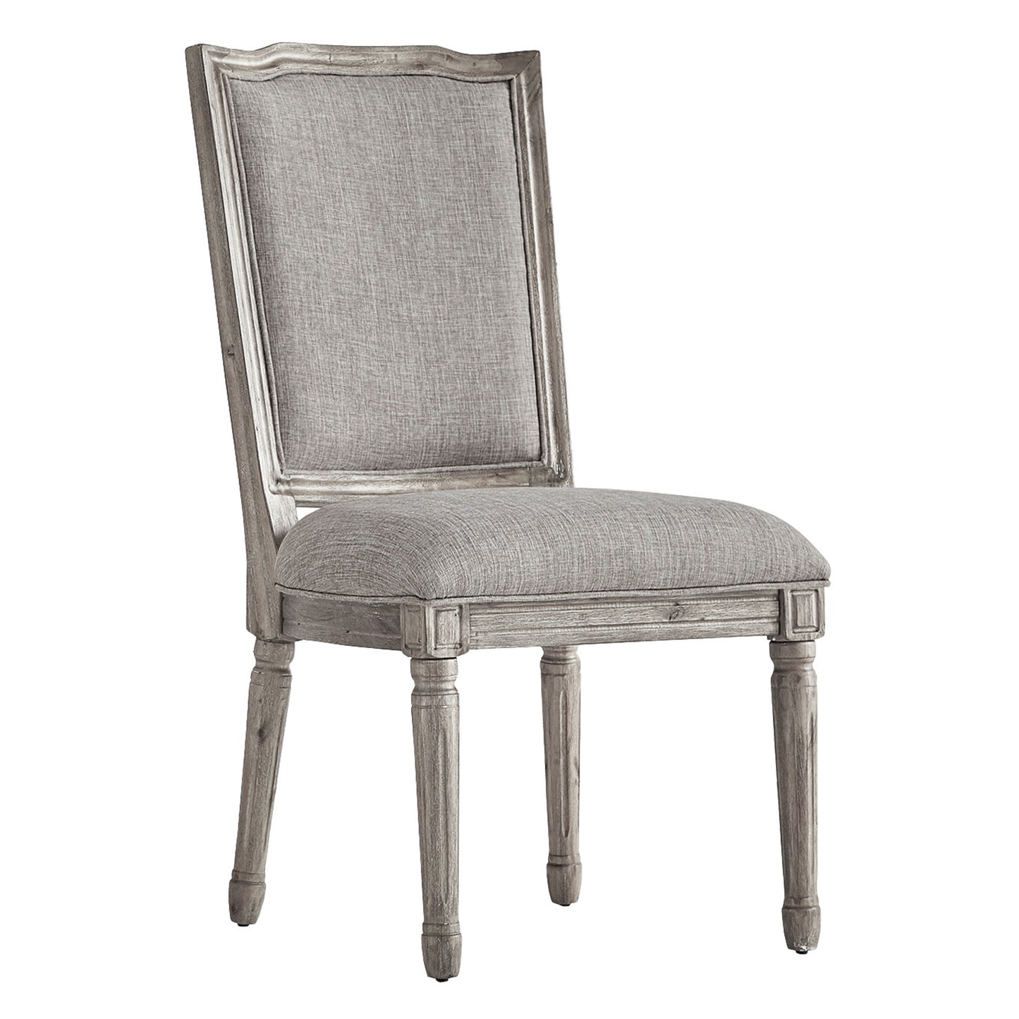 Ornate Linen and Wood Dining Chairs (Set of 2) - Gray Linen, Antique Gray Oak Finish