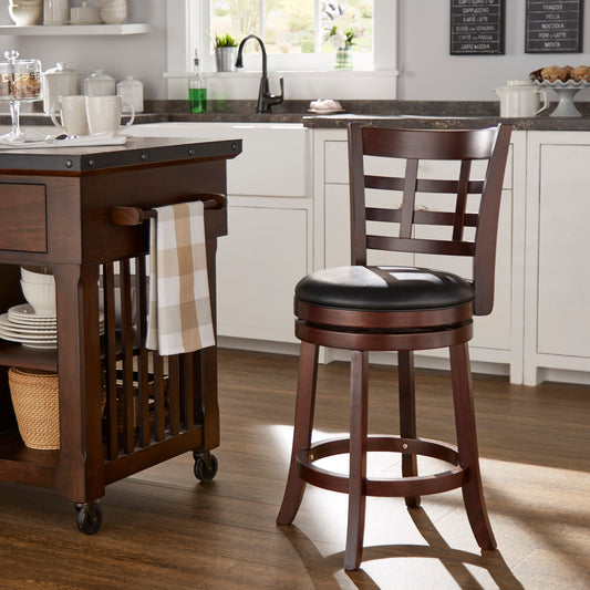 Window Back 24"H Swivel Counter Height Stool - Dark Cherry Finish, Black Faux Leather