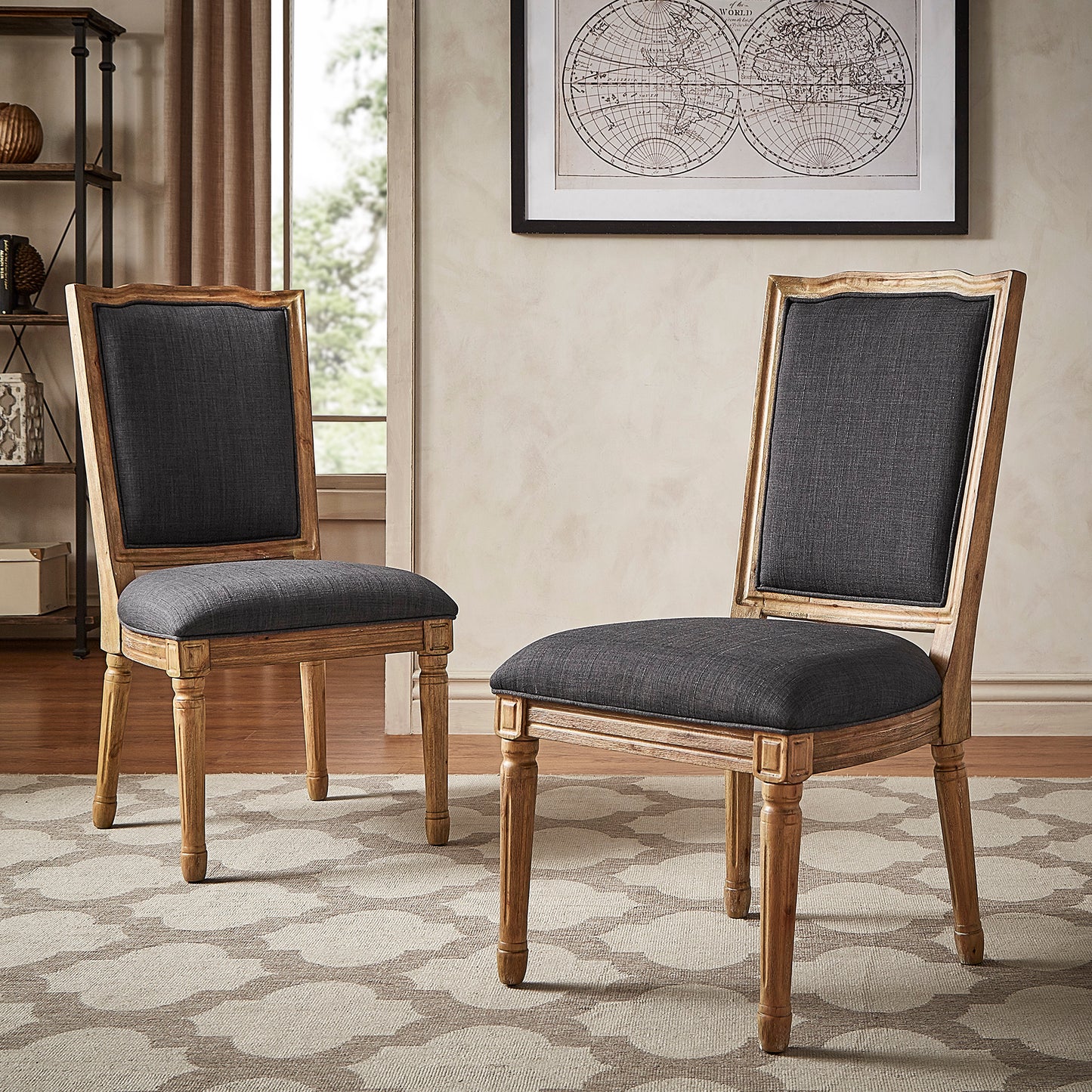 Ornate Linen and Wood Dining Chairs (Set of 2) - Dark Gray Linen, Natural Finish