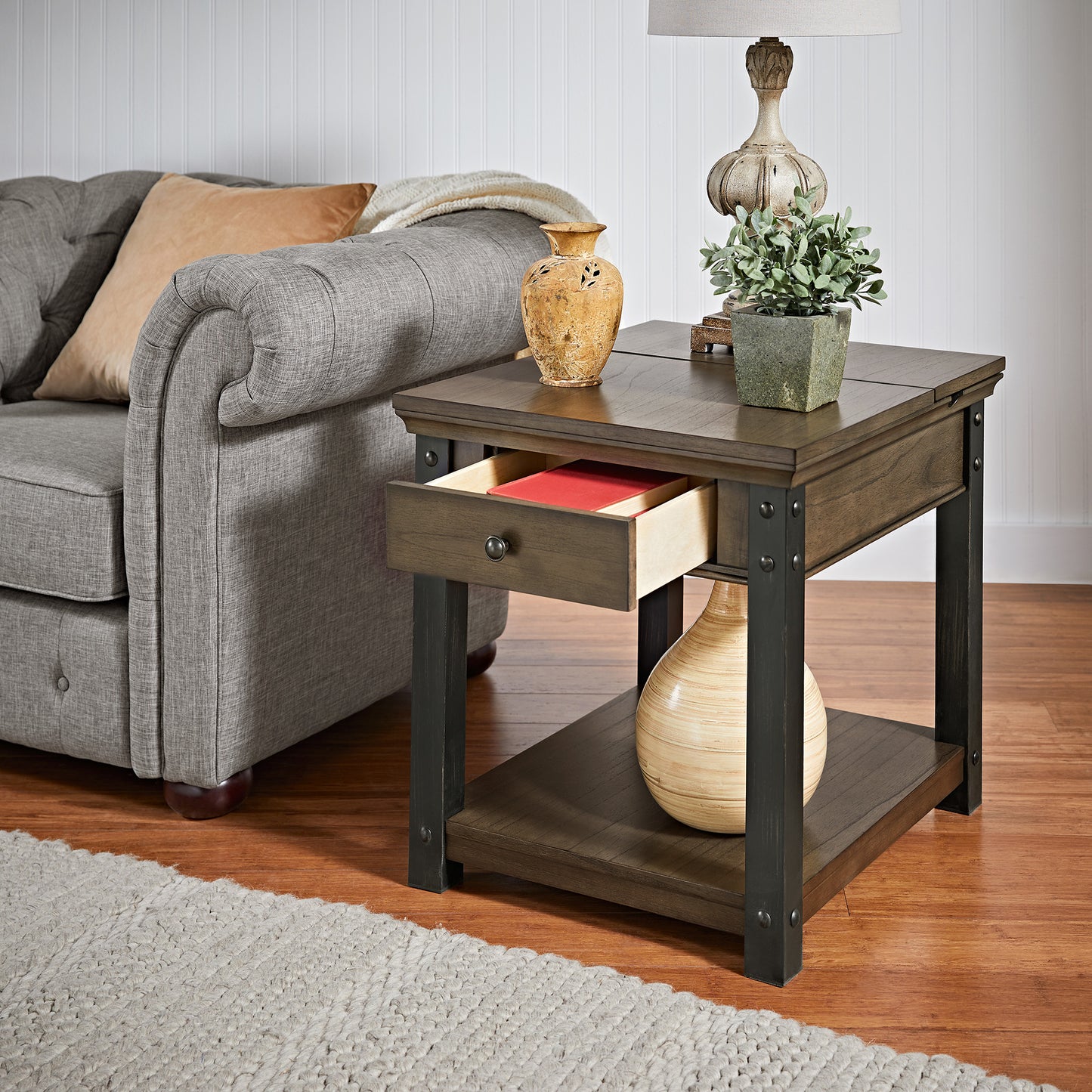 Wood Finish End Table with Built-In Outlets - Antique Gray