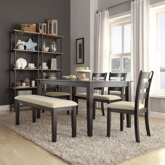 Black Wood Dining Set - 60-inch Table, Ladder Back Chairs, 6-Piece Set