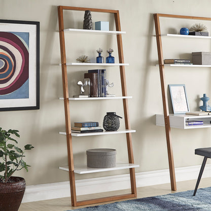 Two-Tone Leaning Ladder Desk and Bookcase Set - Natural and White Finish, 1 Desk and 1 Ladder Bookcase