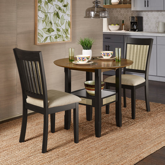 Cane Accent Dining - 2 - Person Set, Table with Slat Back Chairs, Oak and Antique Black Finish, Beige Linen