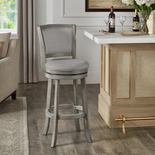 Upholstered Back Swivel Stool - 29" Bar Height, Antique Gray Finish, Gray Linen