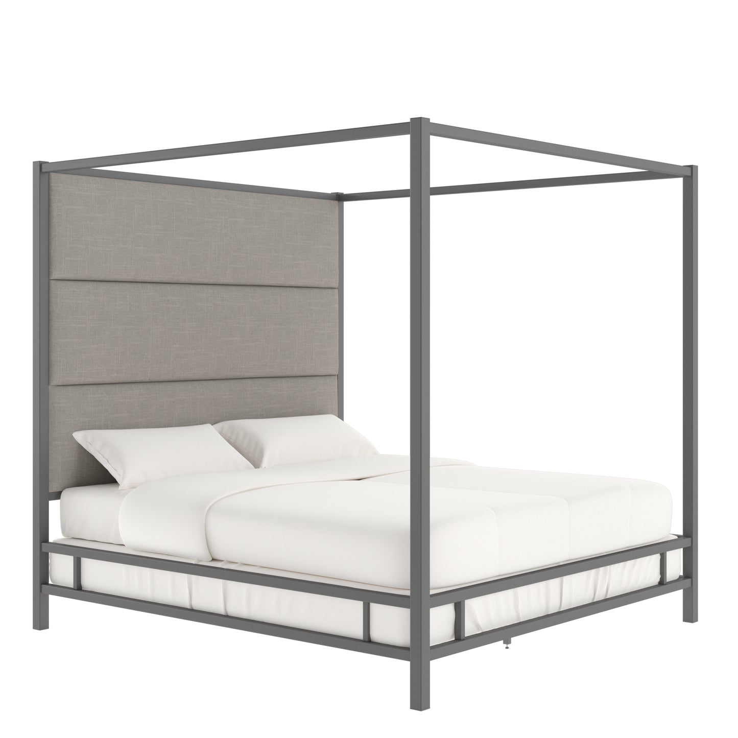 Metal Canopy Bed with Linen Panel Headboard - Gray Linen, Black Nickel Finish, King Size