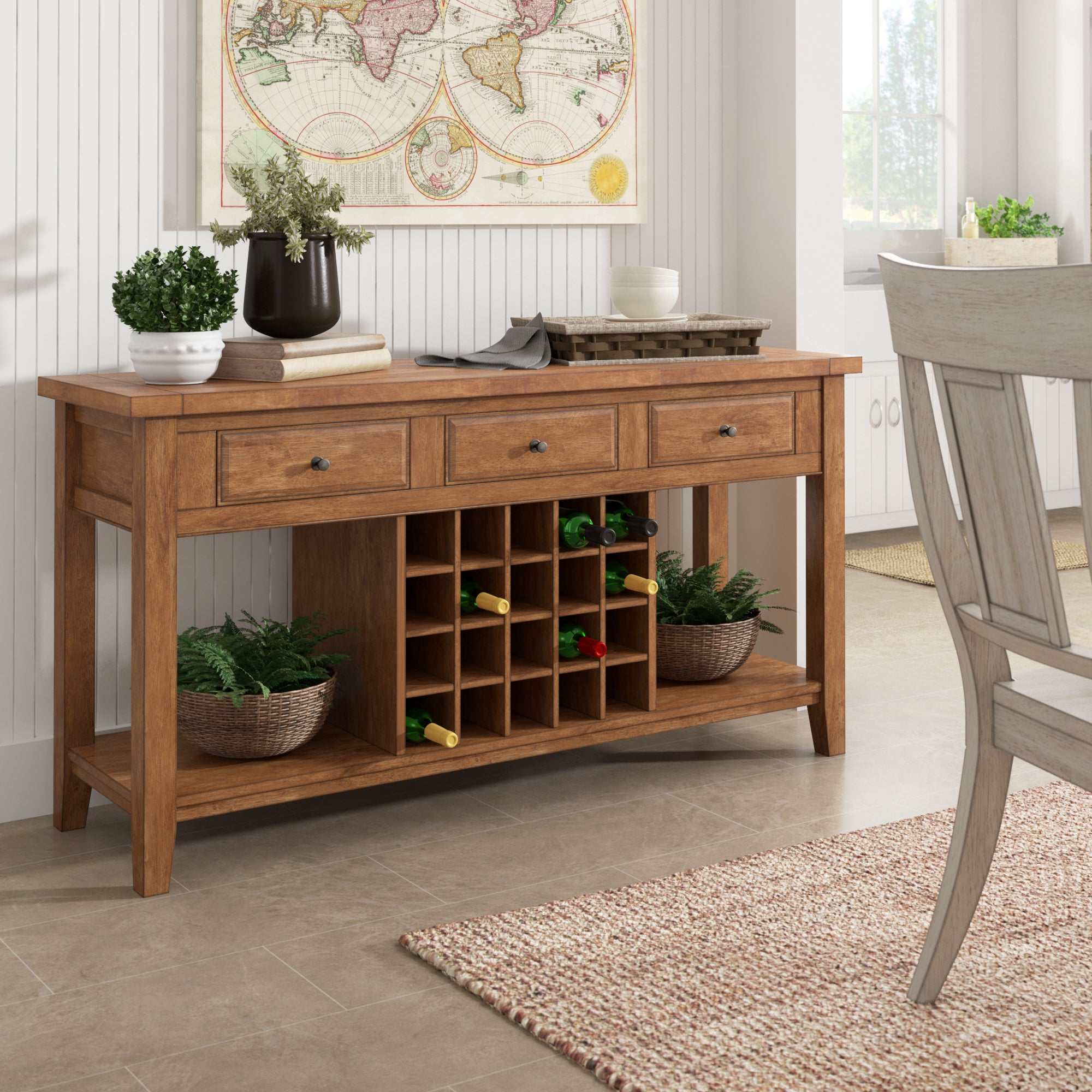 Two Tone Wood Wine Rack Buffet Server Oak Finish
