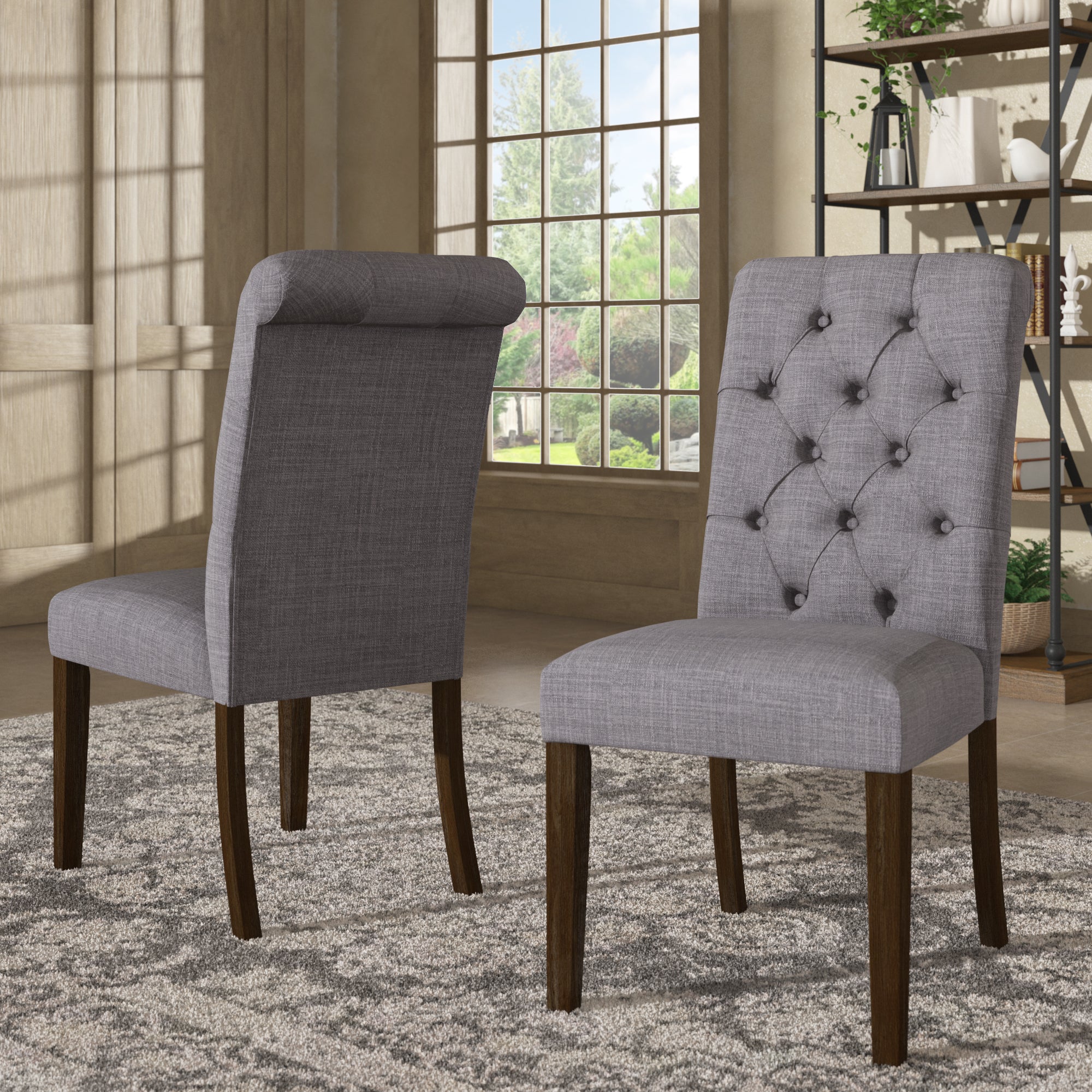 Tufted Rolled Back Parsons Chairs Set of 2 Brown Finish Grey