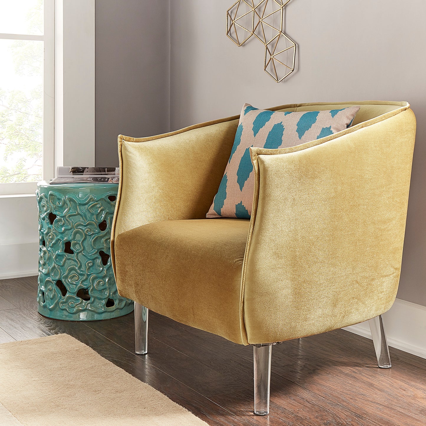 Velvet Barrel Back Acrylic Leg Accent Chair - Gold Velvet