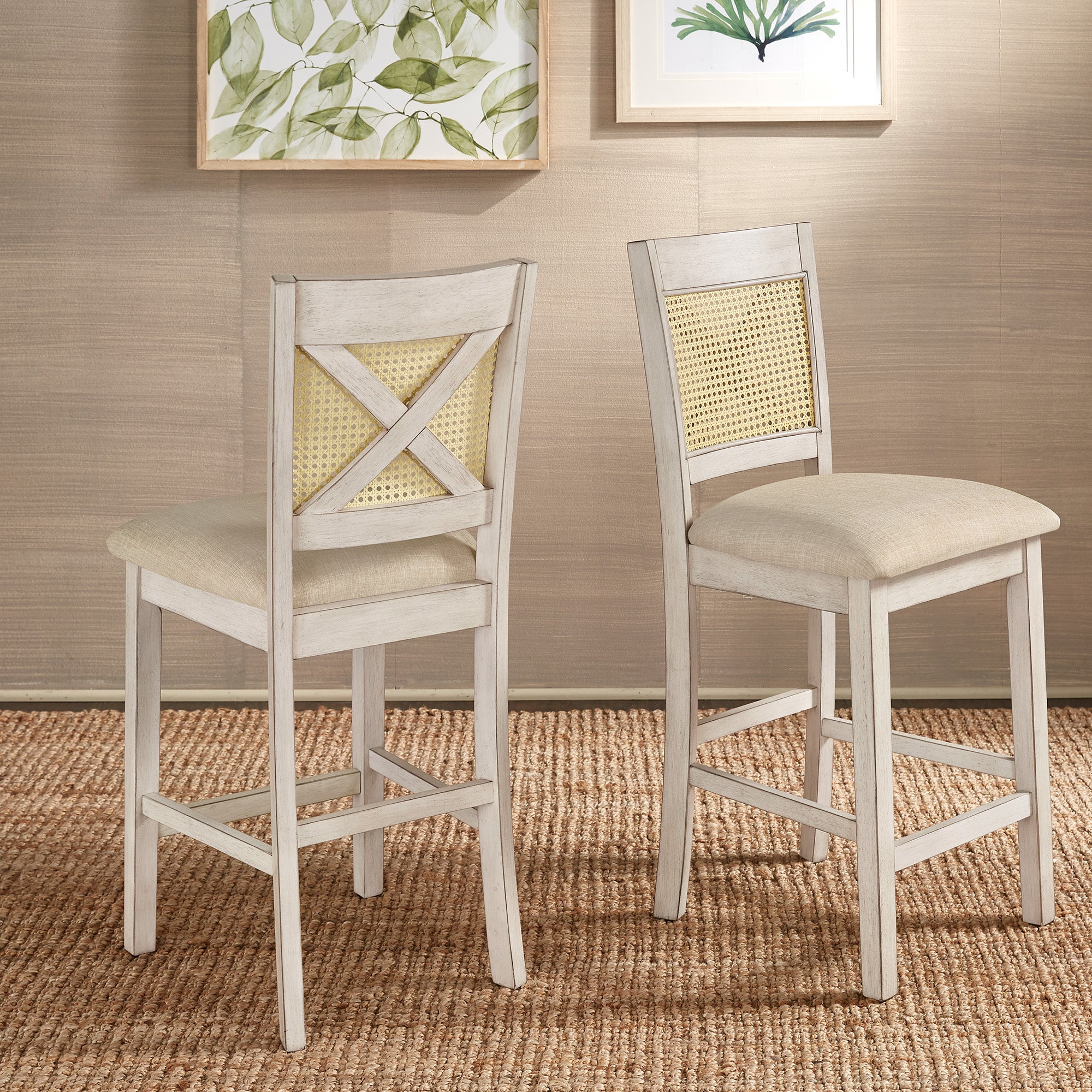 Cane Accent Counter Height X Back Chair Set of 2 Antique White Finish Beige Linen