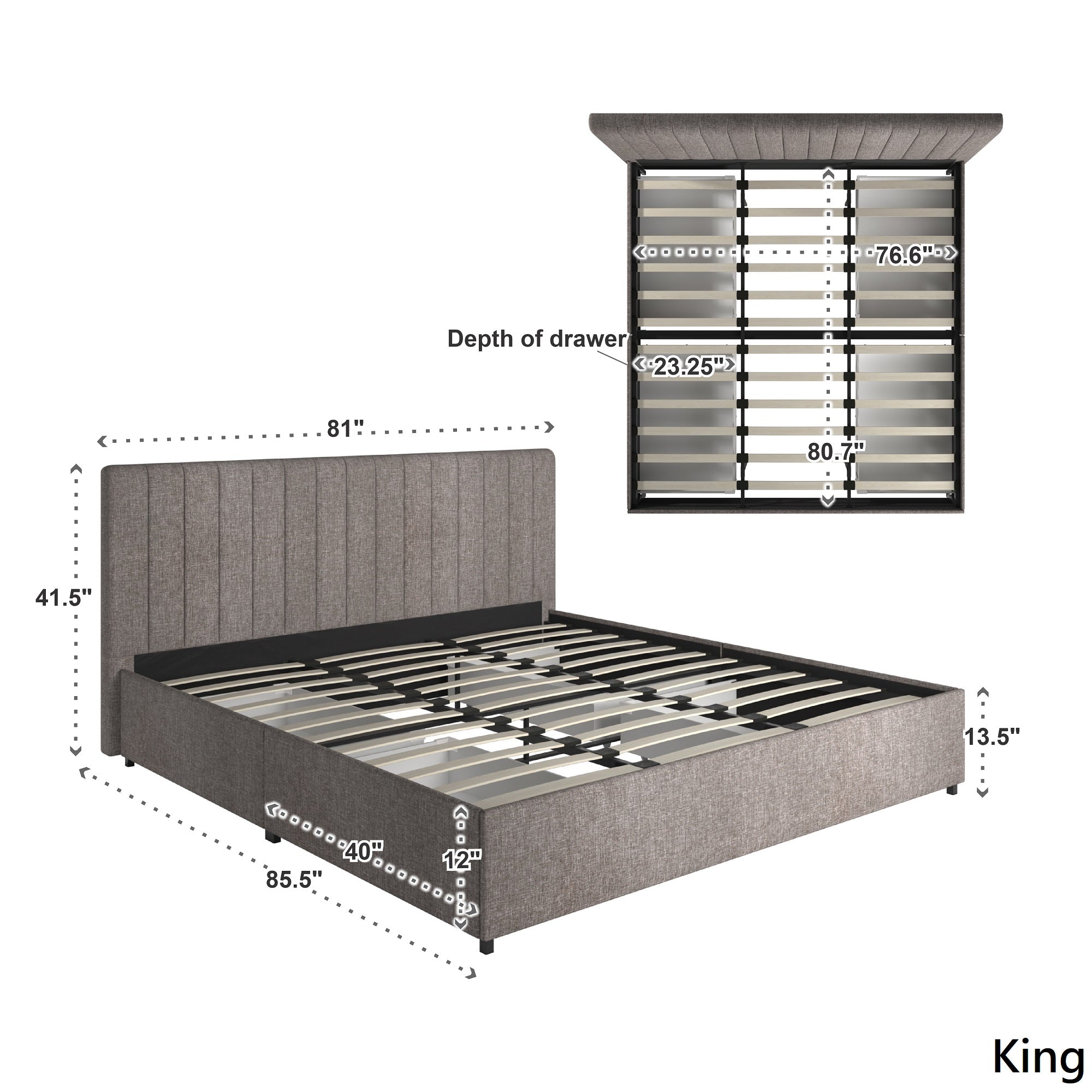 Grey Linen Upholstered Storage Platform Bed with Channel Headboard - King  (King Size)