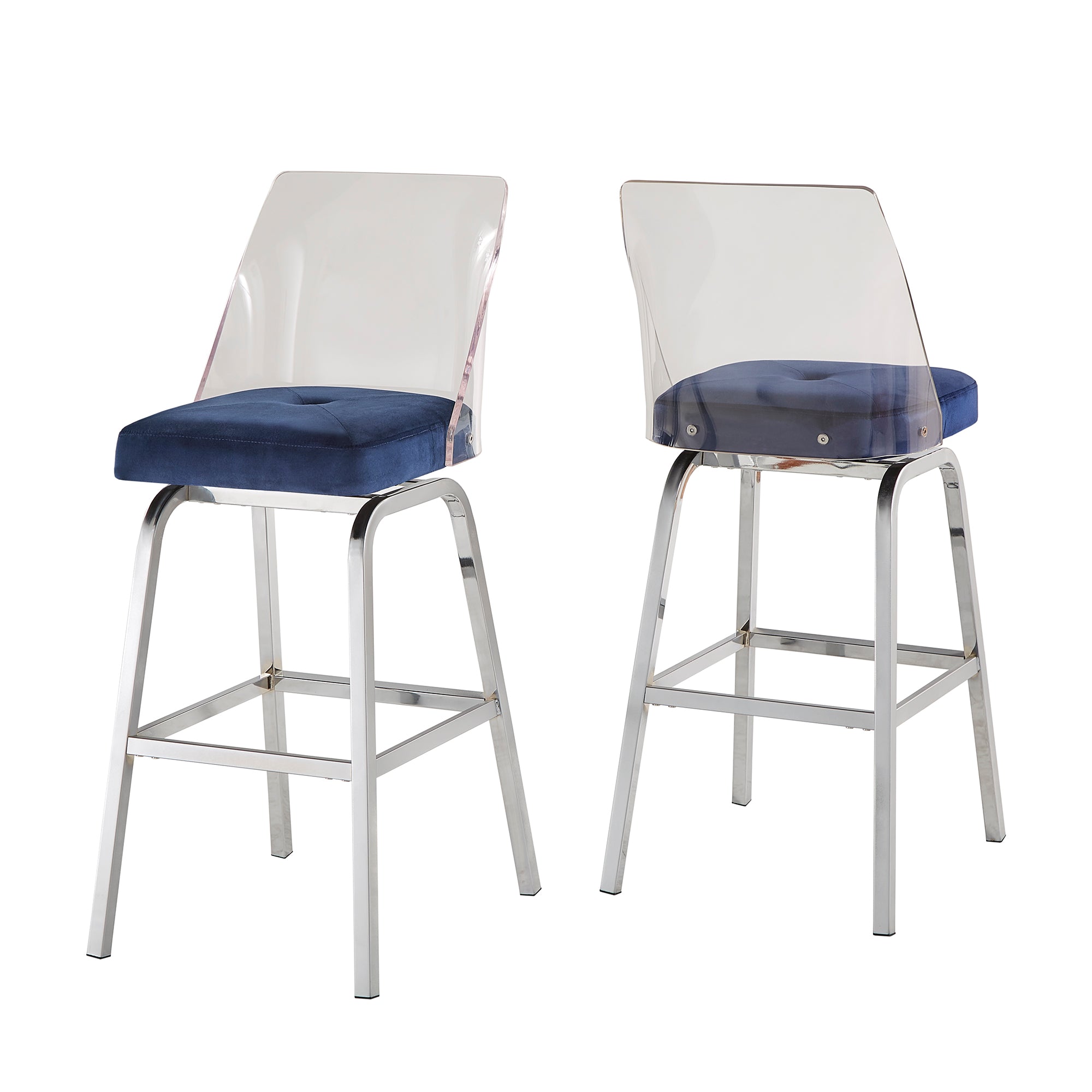 Velvet Bar Height Swivel Stools Set of 2 Chrome Finish Navy