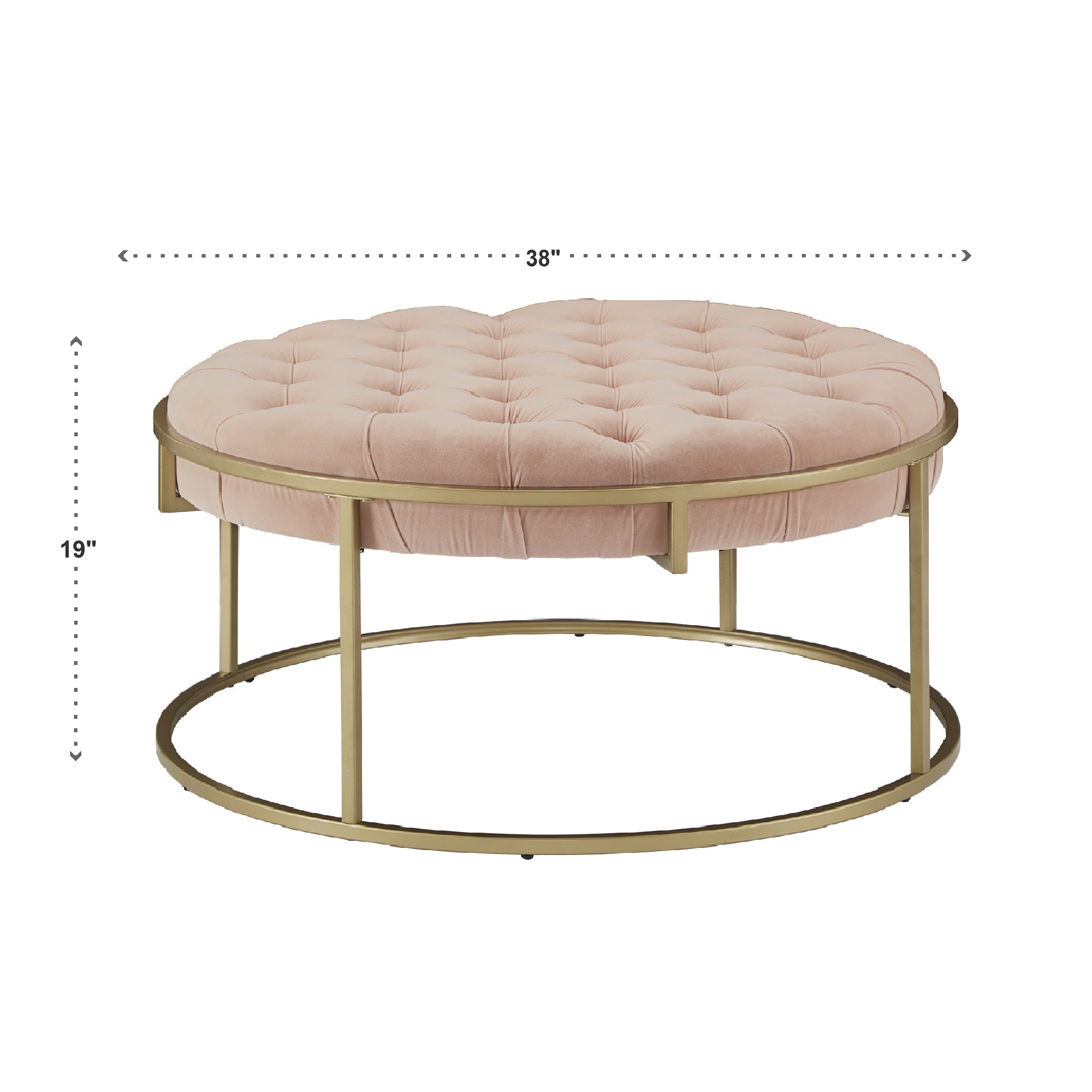 Gold Finish Velvet Button Tufted Round Ottoman - Blush Pink by