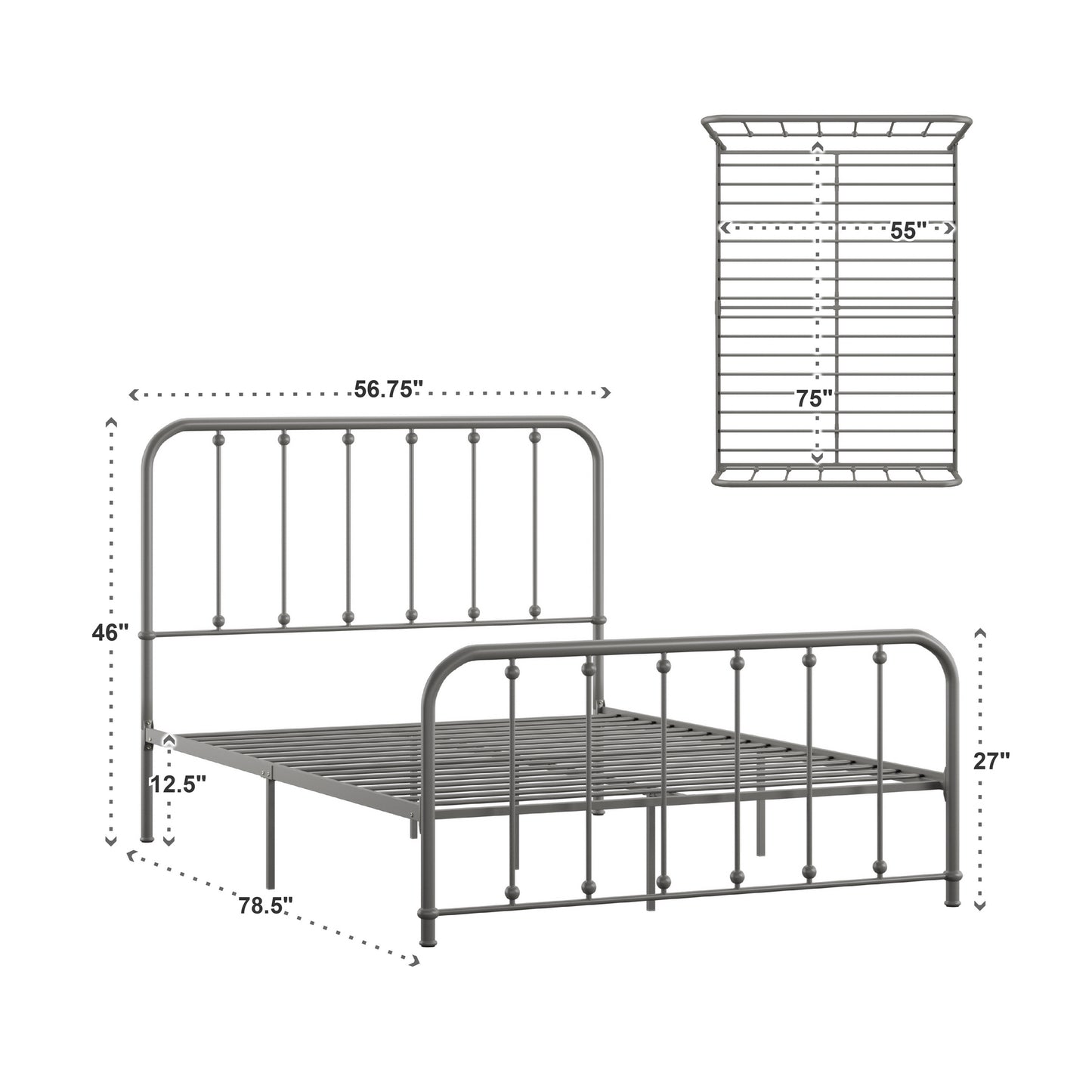 Beaded Spindle Metal Platform Bed - Frost Gray, Full Size (Full Size)