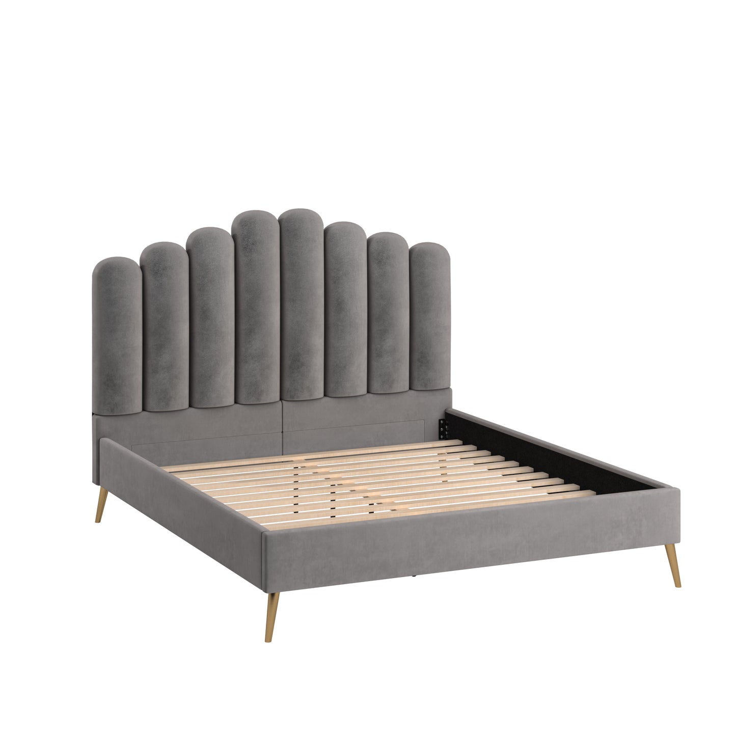 Art Deco Velvet Upholstered Platform Bed - Gray, King