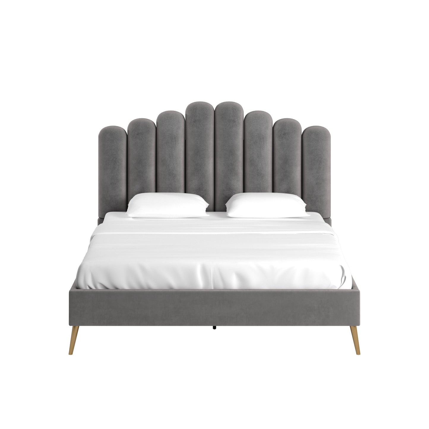 Art Deco Velvet Upholstered Platform Bed - Gray, King