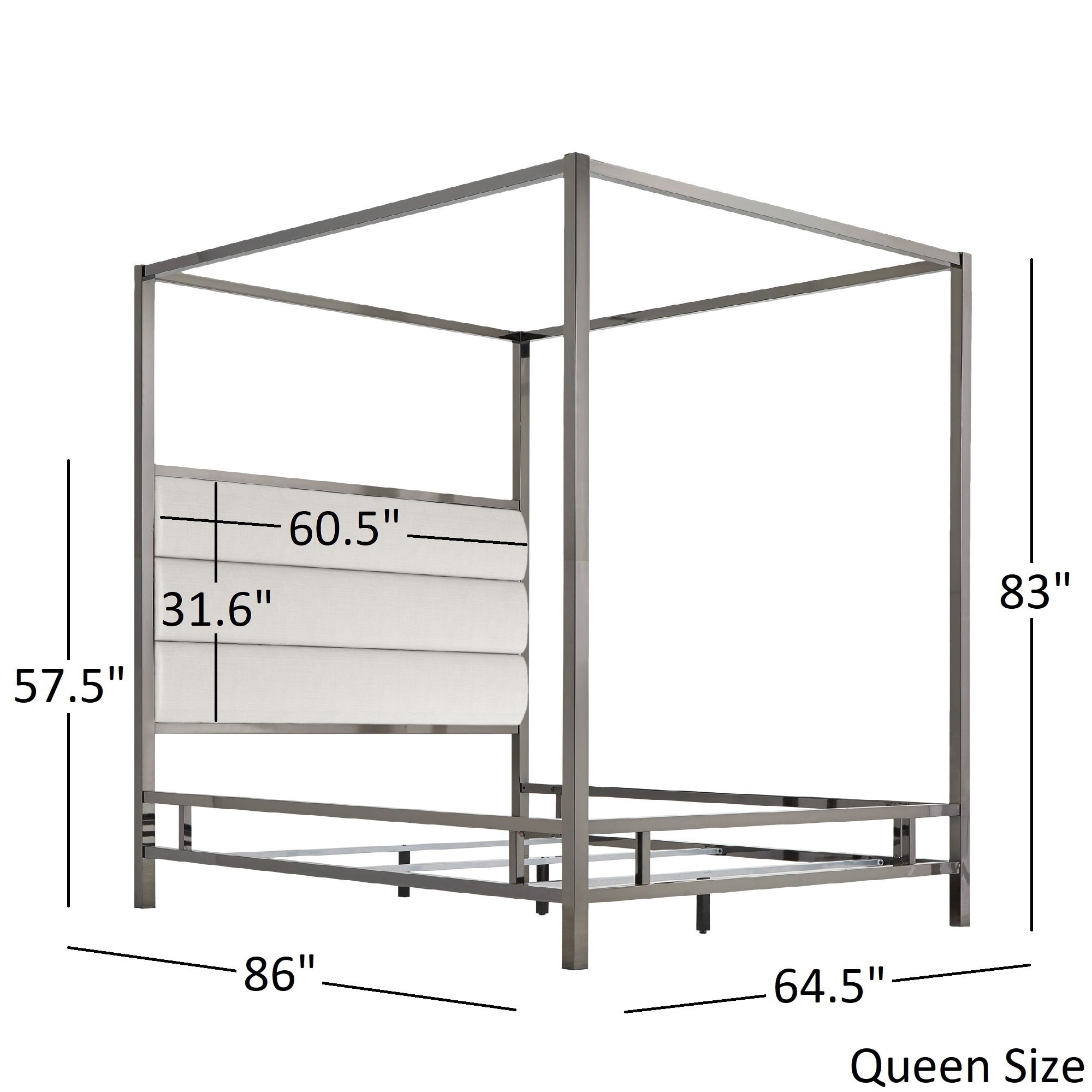 Metal Canopy Bed With Upholstered Headboard - Grey Linen, Black Nickel 