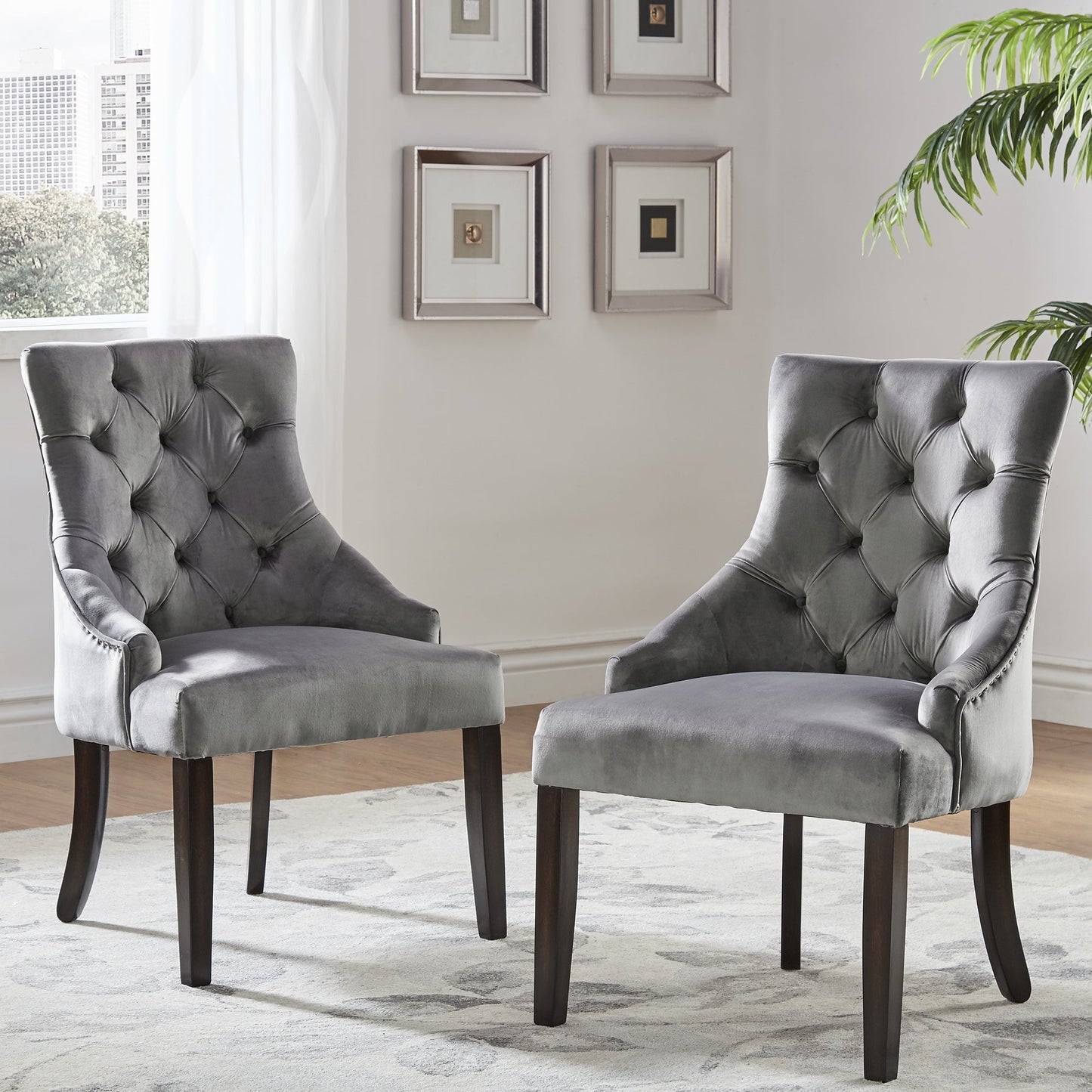 Velvet Button Tufted Wingback Dining Chairs (Set of 2) - Gray Valvat